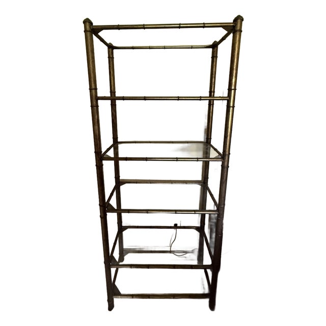 Vintage Faux Bamboo Étagère With Glass Shelves | Hollywood Regency & British Colonial Style For Sale