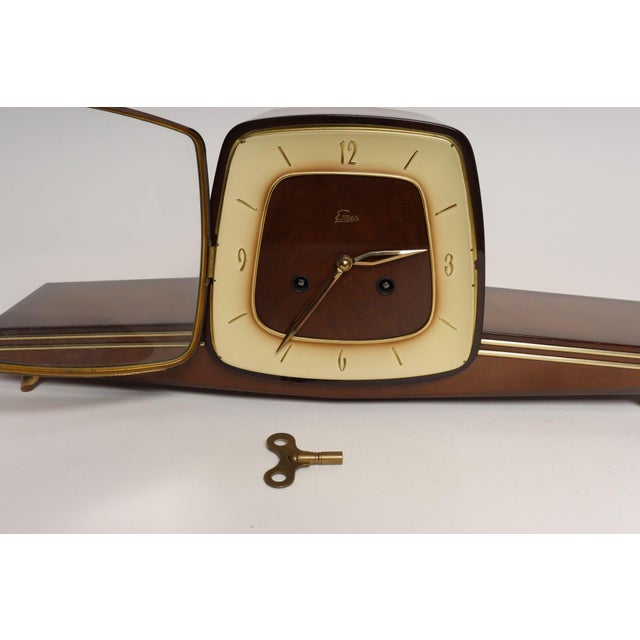 German Art Deco Mahogany and Brass Mantle Clock With Key by Emes For Sale - Image 11 of 18