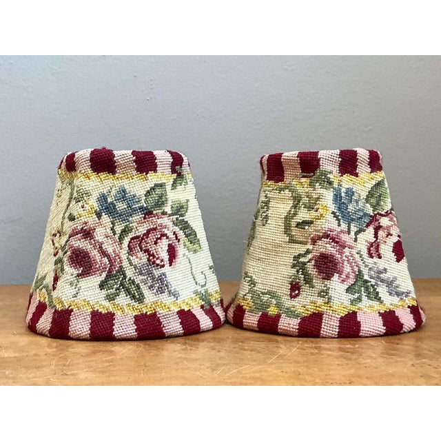 Shabby Chic Vintage Needlepoint Floral Lamp Shades Pair For Sale - Image 3 of 14