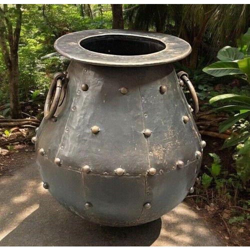 Brown Large Cauldron Shaped Metal Planter For Sale - Image 8 of 8