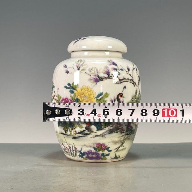 Ceramic Vintage Famille Rose Porcelain Tea Jar With Lid – Peacock, Peony & Magnolia Motif For Sale - Image 7 of 9