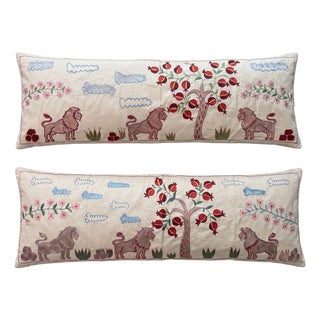 Tan Lion Suzani Lumbar Pillow Cover 18'' X 53'' - Set of Two For Sale