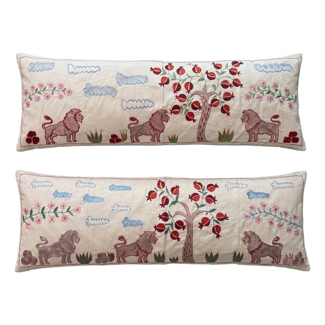 Tan Lion Suzani Lumbar Pillow Cover 18'' X 53'' - Set of Two For Sale