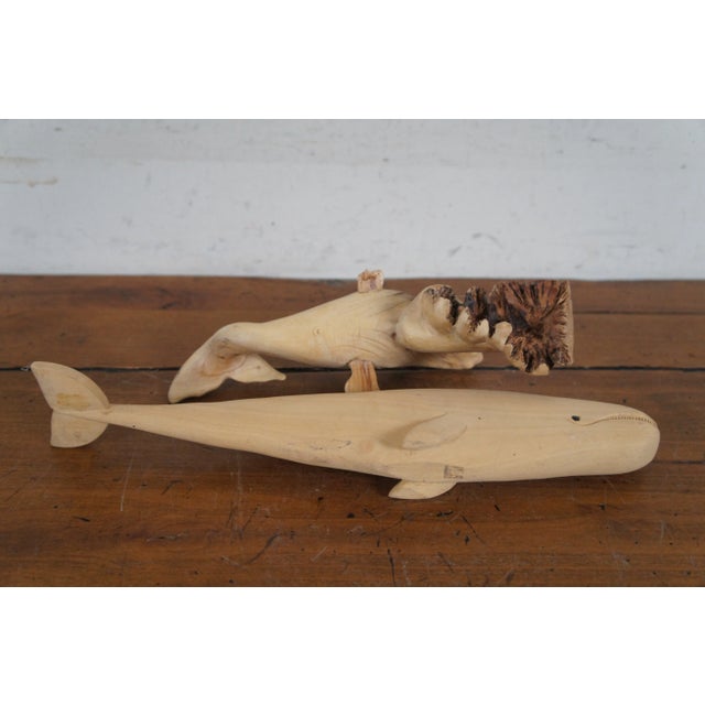 Vintage Hand Carved Teak Humpback & Sperm Whale Statues Sculpture Figruines- Set of 2 For Sale - Image 9 of 12