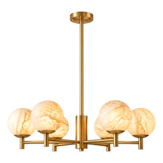 Handcrafted Brass 6-Light Chandelier With Natural Alabaster Globe Shades, Dining Room & Kitchen Island Lighting For Sale