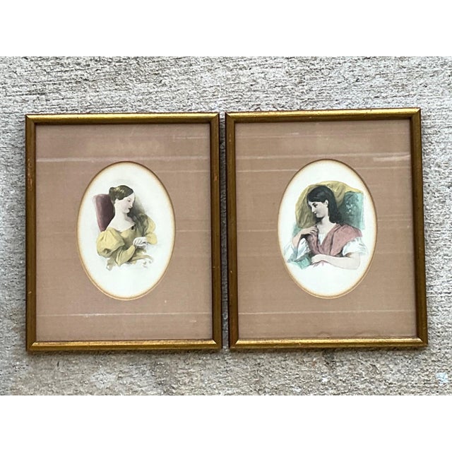 Rose Vintage Portrait Engravings in Gilt Frames - Set of 2 For Sale - Image 8 of 16