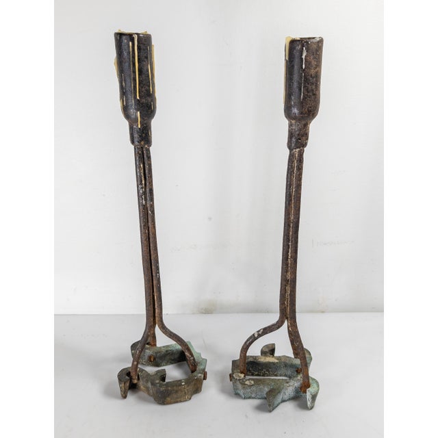 Mid 20th Century Mid-Century Pair of Brutalist Wrought Iron Blacksmith Cattle Brand Candlesticks For Sale - Image 5 of 9