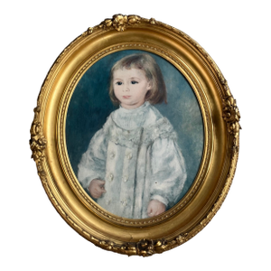 School of Paris, French Oil on Canvas Painting of Young Child Portrait Dressed in Lace Finery, Original Period Oval Gilt Gold Leaf Frame.