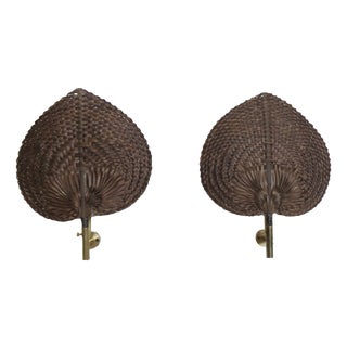 Wall Lamps in Brass and Natural Fiber, Italy, 1970s, Set of 2 For Sale
