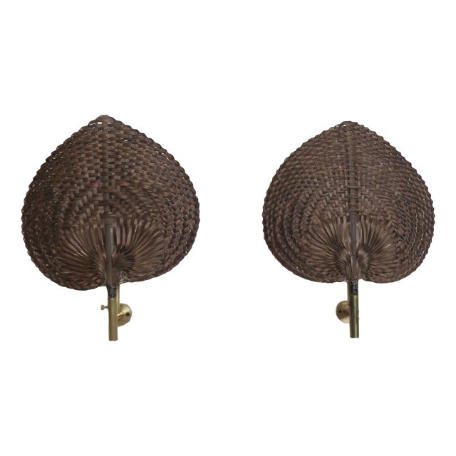 Wall Lamps in Brass and Natural Fiber, Italy, 1970s, Set of 2 For Sale