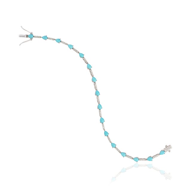 Metal 2.34ct Natural Turquoise & Diamond Station Tennis Bracelet in 14k White Gold For Sale - Image 7 of 15