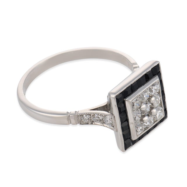 1920s Art Deco Inspired Diamond Onyx Platinum Square Target Ring, Size 7 For Sale - Image 4 of 6