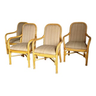 Boho Chic Twisted Pencil Reed Rattan Arm Dining Chairs - Set of 4 For Sale