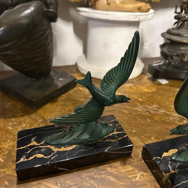 Metal 1930s Art Deco Marble and Green Metal French Birds Bookends - a Pair For Sale - Image 7 of 10