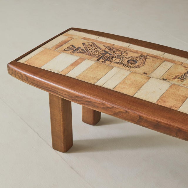 Brown French Ash Wood + Ceramic Tile Coffee Table Bird Motif by Roger Capron, 1960s For Sale - Image 8 of 11