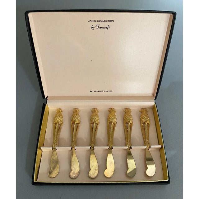 Set of 6 vintage 24 KT. gold plated cocktail spreaders from the Janis Collection by Tancraft. Cute pineapple handle on...