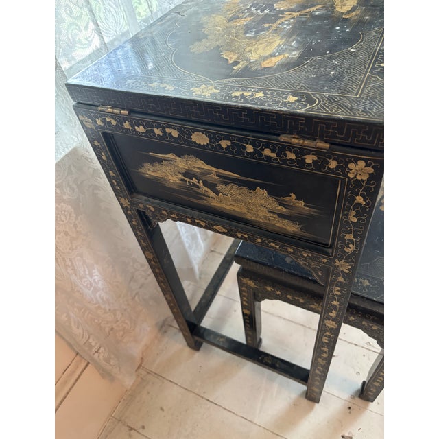Vintage Chinoiserie Black Lacquer Folding Dressing Table/Vanity With Original Mirror and Matching Stool, 2 Pieces For Sale - Image 4 of 10