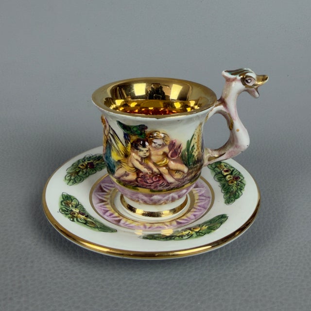 Ceramic Porcelain Tea Set with Tray, Cups and Sugar Bowl in Gold Cherubs from Capodimonte, 1960s, Set of 6 For Sale - Image 7 of 12