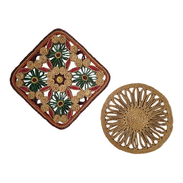 1970s Boho Chic Natural Fiber Straw Trivets - 2 pcs For Sale