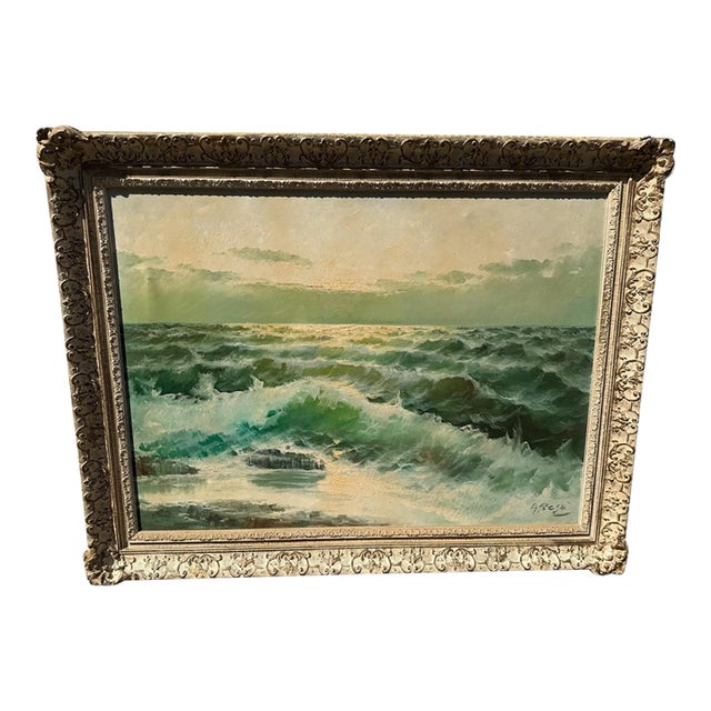 1950s Italian Original Oil Seascape Signed A. Reyes, Macy’s / Reliable Newark, Ornate Gilt Frame For Sale