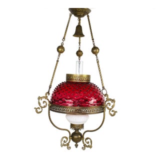 Victorian Antique Hobnail Cranberry Glass Parlor Pendant Light Brass Lantern Milk Glass Oil Lamp For Sale
