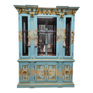 "The Blue Duchess" Hand Painted Neoclassical Display Armoire, China Hutch For Sale
