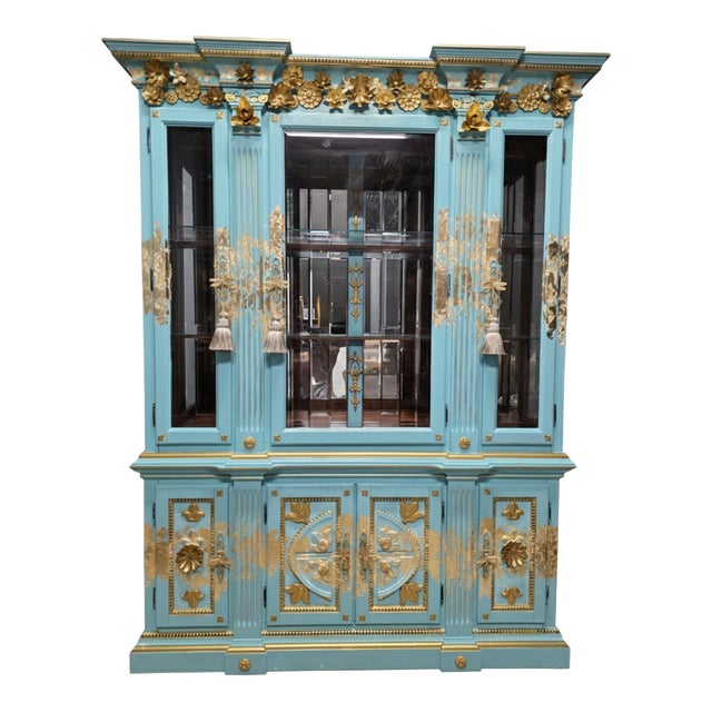 "The Blue Duchess" Hand Painted Neoclassical Display Armoire, China Hutch For Sale