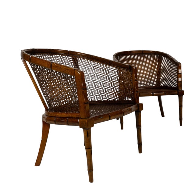 Pair Vintage Faux Bamboo Cane Barrel Chairs Hollywood Regency For Sale - Image 17 of 18