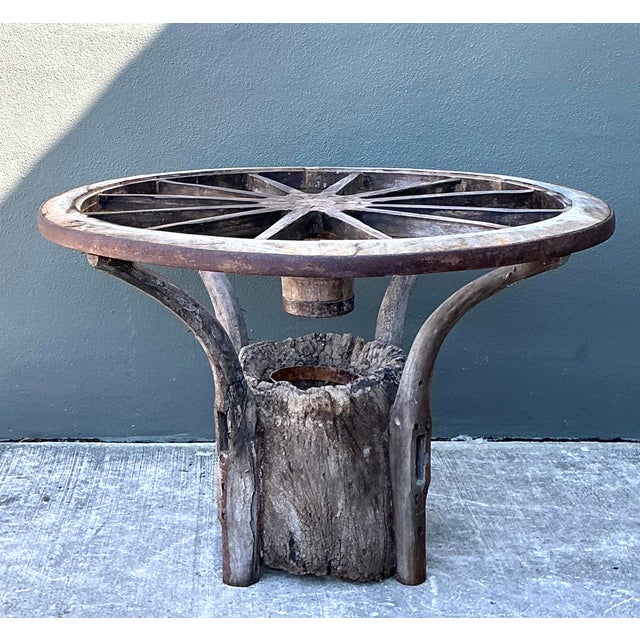 American Vintage Primitive Wagon Wheel Dining Table Pedestal For Sale - Image 3 of 12