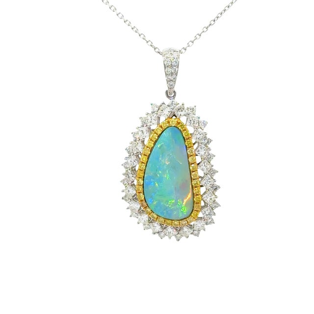Contemporary 3.86 Carat Boulder Opal Diamond 18k White Yellow Gold Halo Pendant and Necklace For Sale - Image 3 of 7