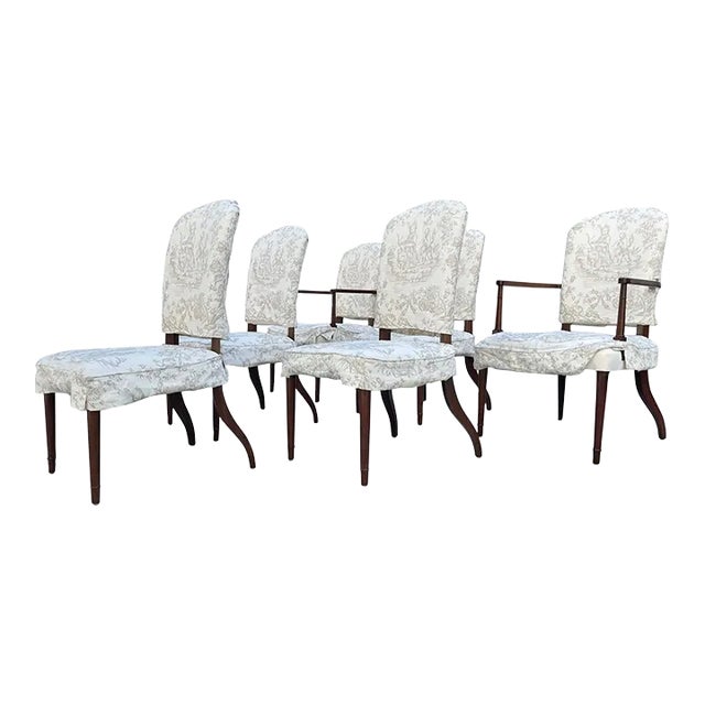 1970s White Muslin Arm & Side Dining Chairs - Set of 6 For Sale