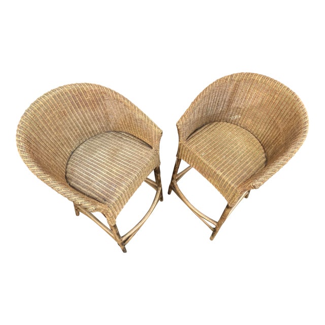 Mid 20th Century Wicker Rattan High Bar Stools Set of 4 Chairish