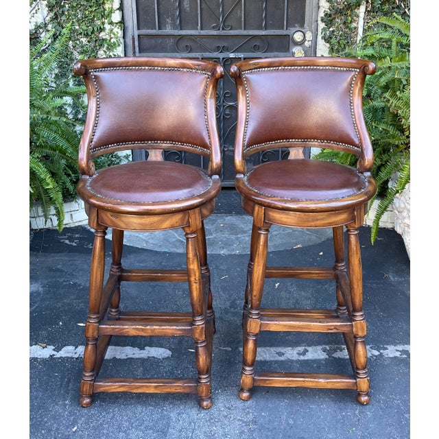 Alfonso Marina Ebanista Spanish Colonial Leather Bar Stools a Pair