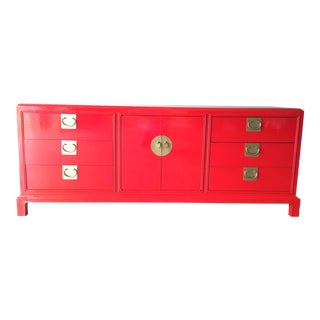 Asian Style Campaign Red Lacquered Credenza For Sale