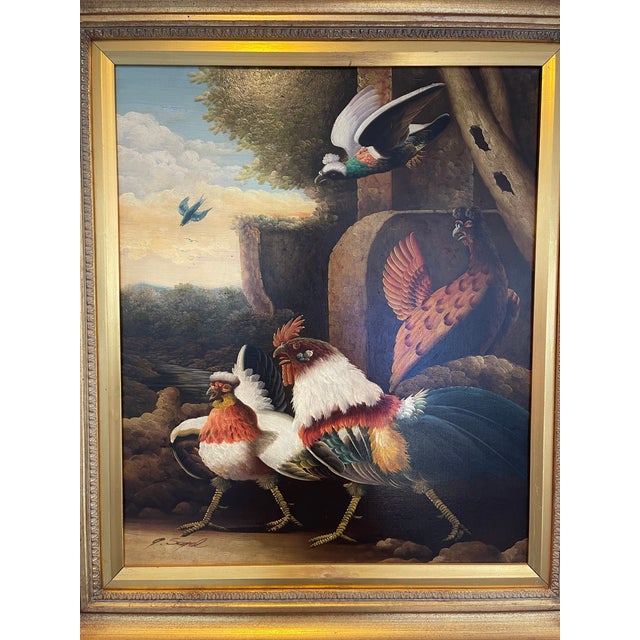 Mid 20th Century A Signed Vintage Rooster With Birds Oil Painting With Frame For Sale - Image 5 of 9