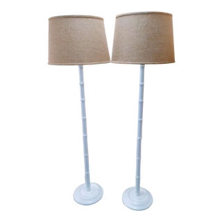 Vintage Faux Bamboo White Gloss Palm Beach Regency Floor Lamps with Burlap Shades - a Pair For Sale
