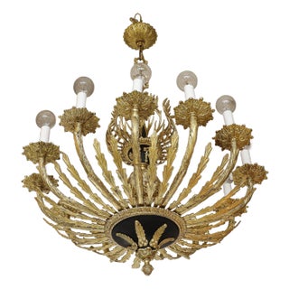 1950's French 12 Arm Brass Chandelier For Sale