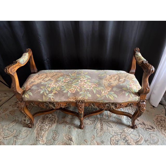 Late 20th Century Louis XV Style Carved Wood Window Bench in Leopard & Floral Tapestry For Sale - Image 4 of 12