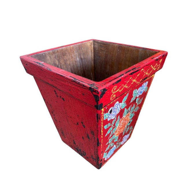 Vintage Balinese Hand-Painted Wood Cachepot or Trash Can For Sale - Image 4 of 7