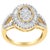 This glamorous diamond cocktail ring features a central oval cluster of round diamonds surrounded by a halo of baguette...