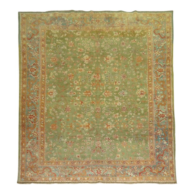 Antique Zabihi Collection Green Turkish Oushak Rug For Sale