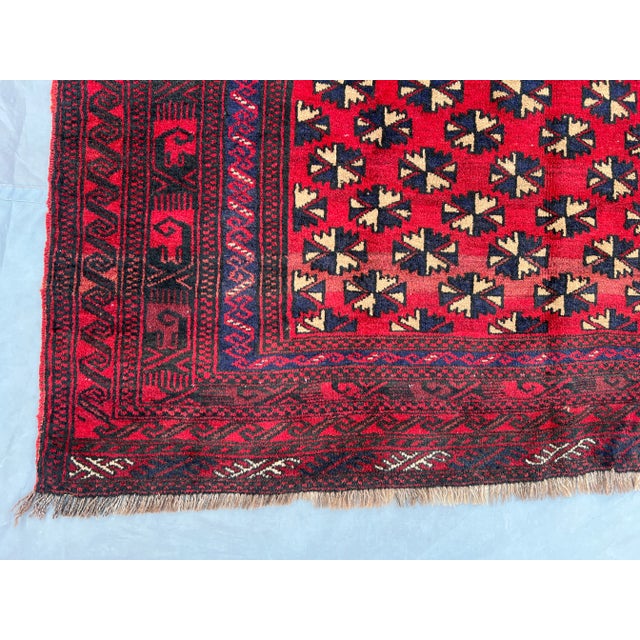 Vintage Afghan Baluchi Hand-Knotted Wool Rug – Red Geometric Tribal Pattern, Soft Pile Rug For Sale - Image 9 of 11