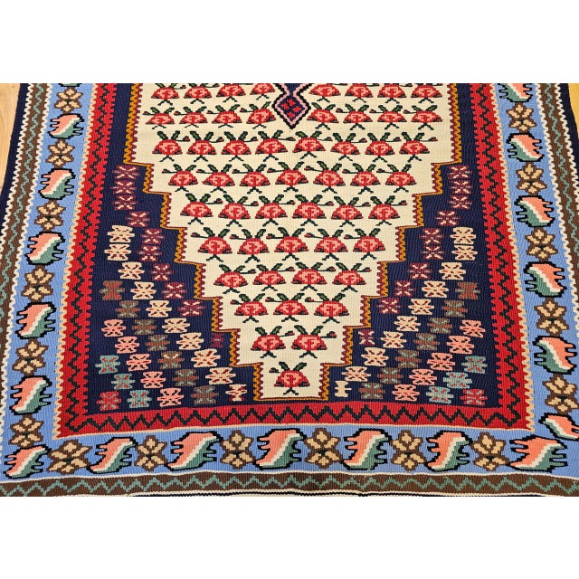 Vintage Persian Senneh Kilim Area Rug, Handwoven Wool, Floral Pattern, Ivory & Blue, 3x6 For Sale - Image 10 of 15