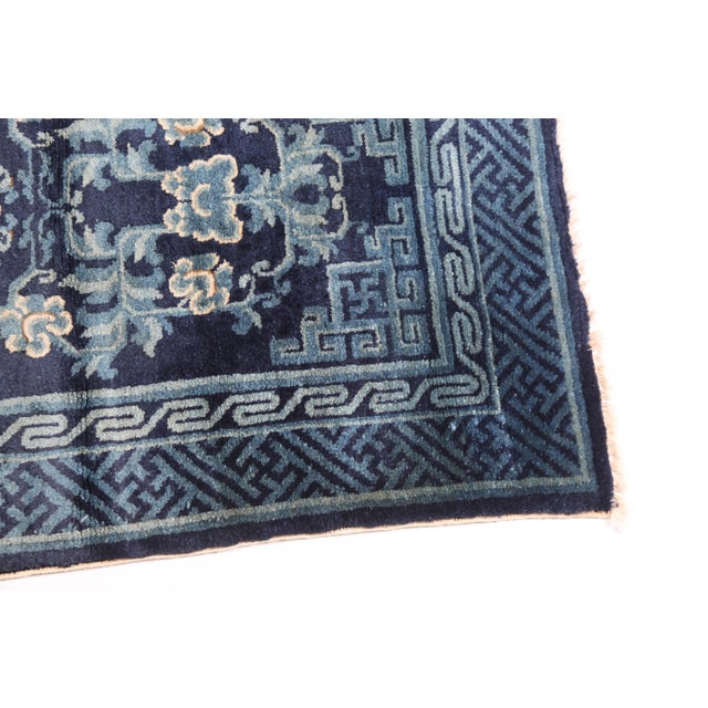 Textile Antique Chinese Peking Rug With Floral Medallion in Deep Indigo Color -2' 4'' X 4' 5'' For Sale - Image 7 of 11