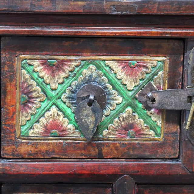 Antique Tibetan Floral Polychromed & Carved Rosewood Tea Cabinet C1890 For Sale - Image 9 of 15