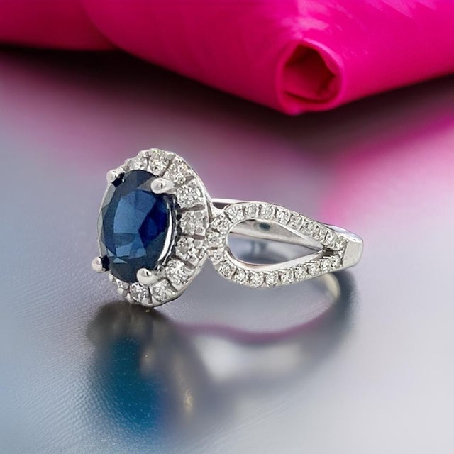 Metal Natural Sapphire Diamond Ring Size 6.25 14k W Gold 2.31 TCW Certified For Sale - Image 7 of 14