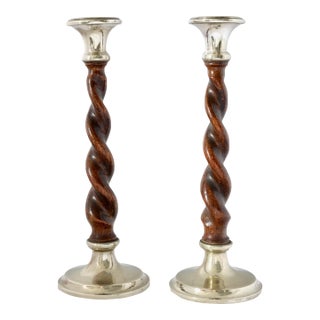 Oak Twist Candlesticks With Silver Plate Mounts For Sale