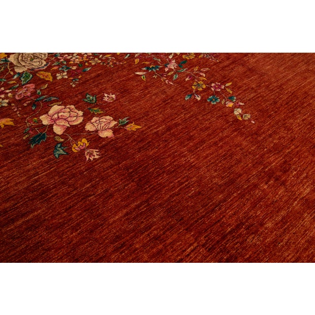 Brick Red Modern Chinese Style Wool Rug Handmade in Terracora Red Color With Floral Motif For Sale - Image 8 of 9