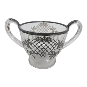 Sterling Silver Overlay Clear Glass Open Handled Vintage Sugar Bowl