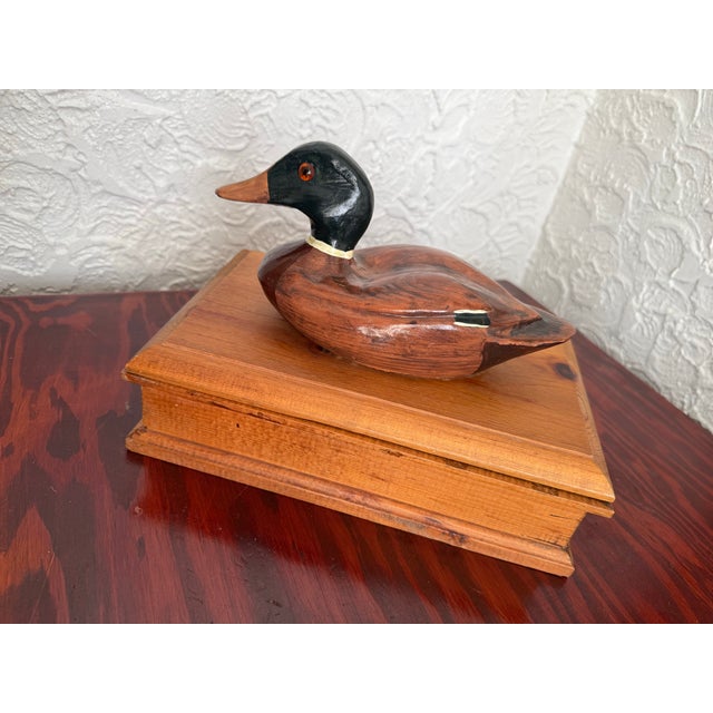 Vintage Folk Art Pine Wood Lidded Box With Mallard Duck Decoy For Sale - Image 10 of 12
